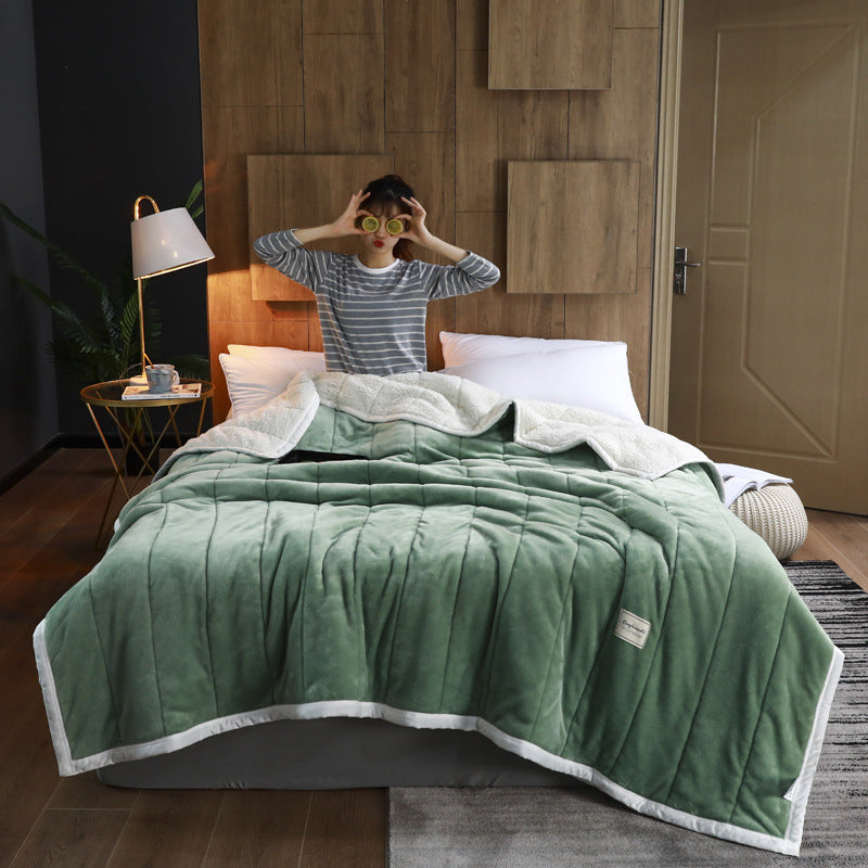 Double Thick Lamb Wool Blanket Coral Fleece Solid Color Quilt