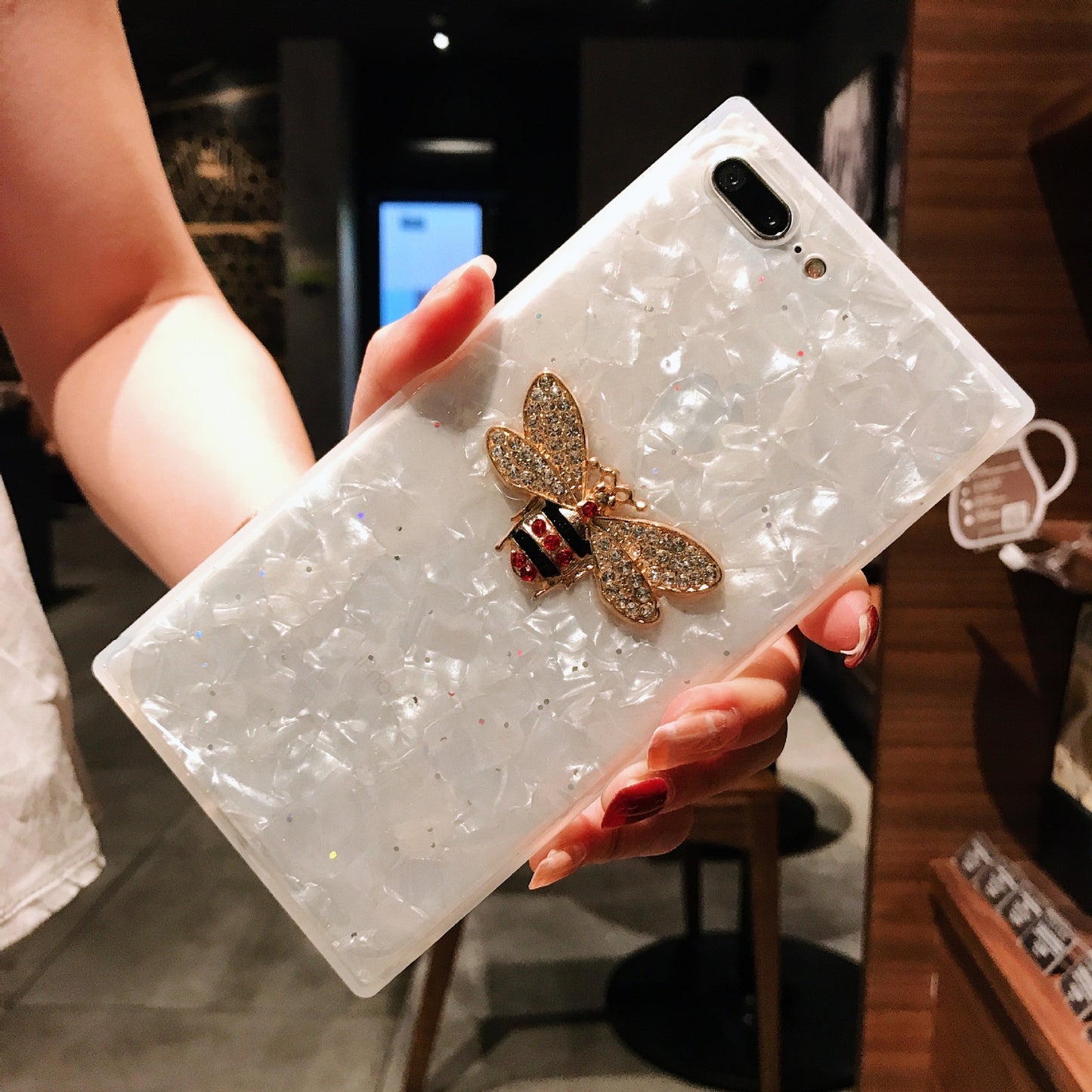 Compatible With Compatible With  Square Shell Mobile Phone Shell Drop Glue Bee Stick Drill Fashion Personality Hard Shell