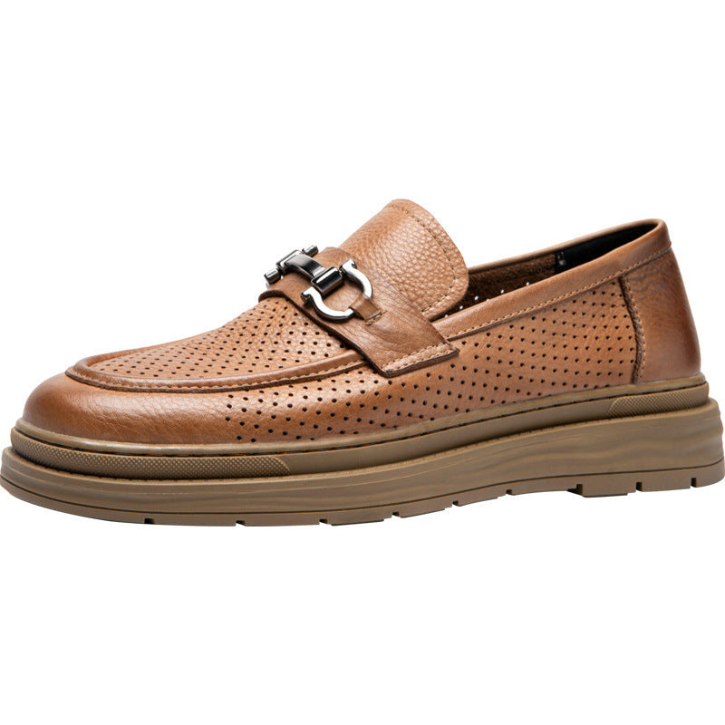 Leather Shoes Men's Summer Breathable Authentic Leather Hollow Out Men's Slip-on