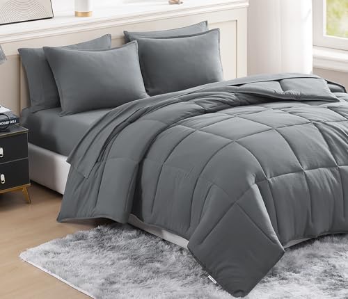 King Size Comforter Set Washed - 7 Pieces King Size Bed in A Bag, Bedding Sets with Comforters, Sheets, Pillowcases & Shams - Mineral