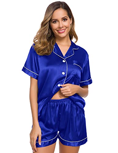SWOMOG Womens Silk Satin Pajamas Set Short Sleeve Button Down Sleepwear Loungewear 2 Pcs Pj Sets