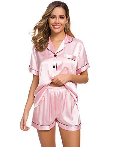 SWOMOG Womens Silk Satin Pajamas Set Short Sleeve Button Down Sleepwear Loungewear 2 Pcs Pj Sets
