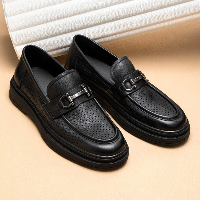 Leather Shoes Men's Summer Breathable Authentic Leather Hollow Out Men's Slip-on