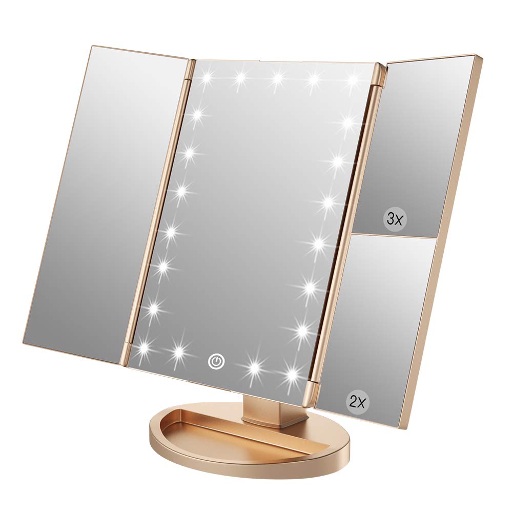 WEILY Makeup Mirror with 21 LED Lights,Two Power Supply Modes, Adjustable Touch Screen and 1x/2x/3x Magnification Tri-Fold Vanity Mirror, Gift for Women(Pink)