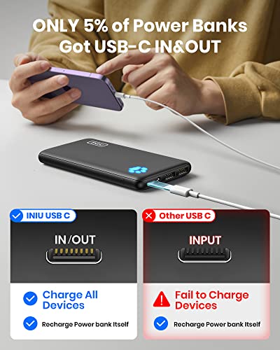 INIU Power Bank, USB C in&Out Slimmest 10000mAh Portable Charger, Triple 3A High-Speed Charge External Battery Pack, Flashlight Phone Charger for iPhone 16 15 14 13 12 Samsung S22 S21 Google LG iPad