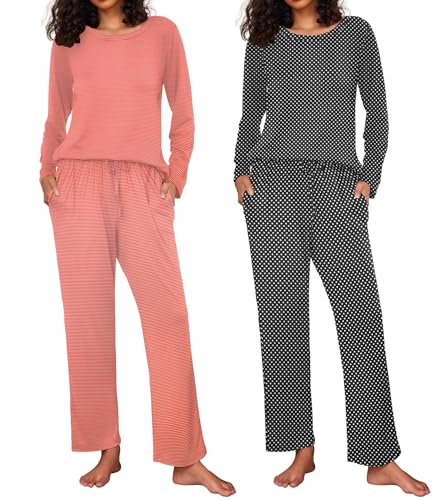 Ekouaer 2 Pack Women's Pajama Set Soft Long Sleeve Sleepwear Loungewear Pjs Sets with Pockets