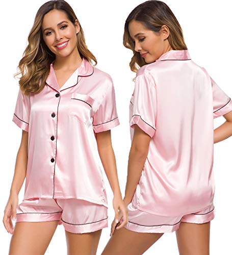 SWOMOG Womens Silk Satin Pajamas Set Short Sleeve Button Down Sleepwear Loungewear 2 Pcs Pj Sets
