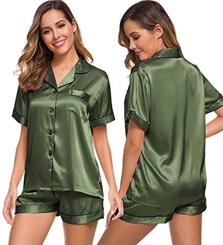 SWOMOG Womens Silk Satin Pajamas Set Short Sleeve Button Down Sleepwear Loungewear 2 Pcs Pj Sets