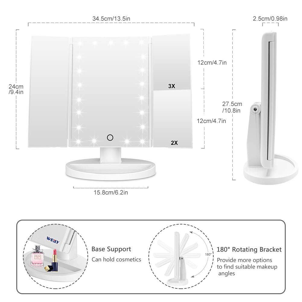 WEILY Makeup Mirror with 21 LED Lights,Two Power Supply Modes, Adjustable Touch Screen and 1x/2x/3x Magnification Tri-Fold Vanity Mirror, Gift for Women(Pink)