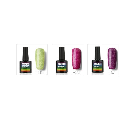 Nail free, long-lasting, non-toxic, nail polish, ROSALIND phototherapy glue, star studded rainbow system.