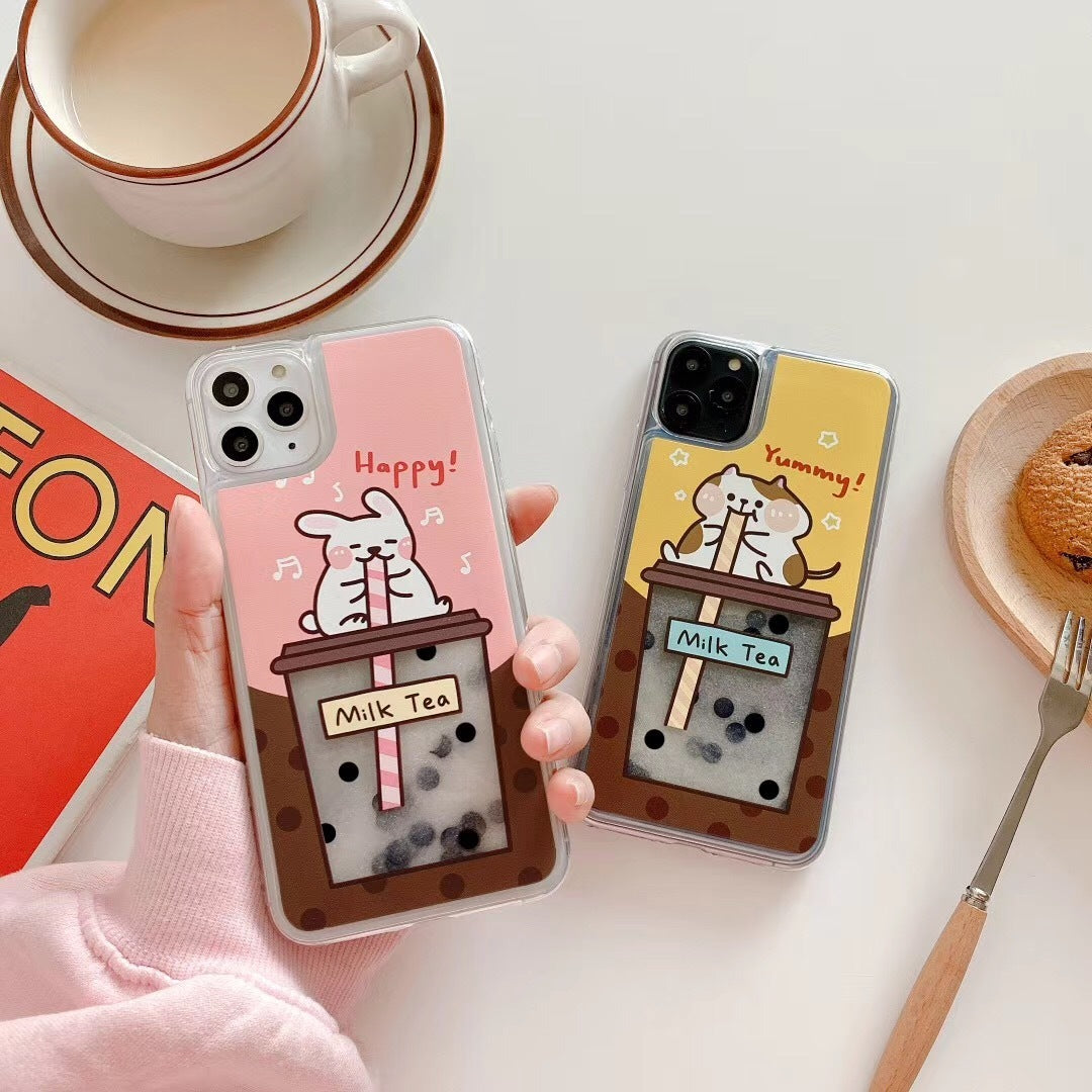 Cartoon Cute Rabbit Pearl Milk Tea Quicksand Mobile Phone Case Transparent Soft Shell Female