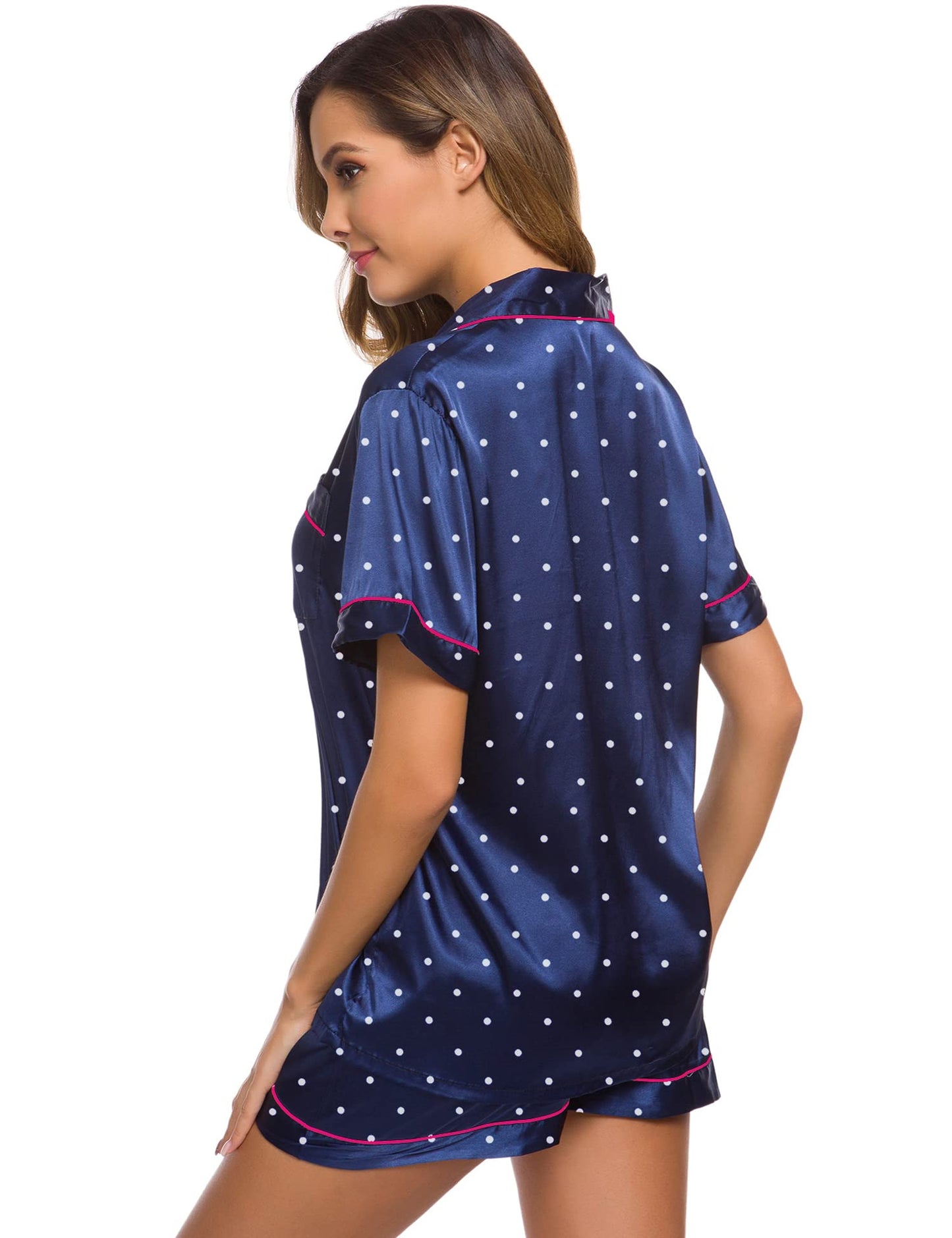 SWOMOG Womens Silk Satin Pajamas Set Short Sleeve Button Down Sleepwear Loungewear 2 Pcs Pj Sets