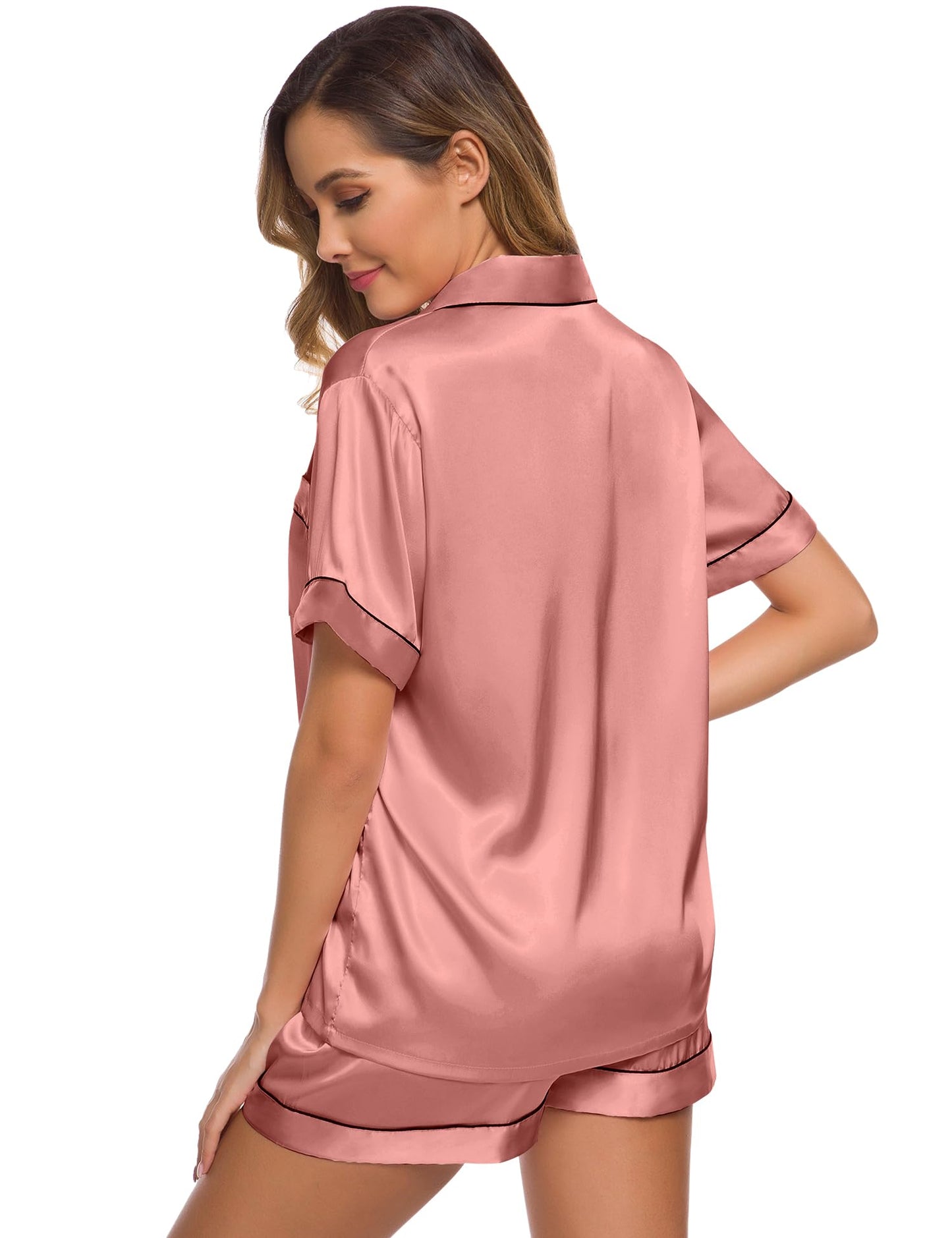 SWOMOG Womens Silk Satin Pajamas Set Short Sleeve Button Down Sleepwear Loungewear 2 Pcs Pj Sets