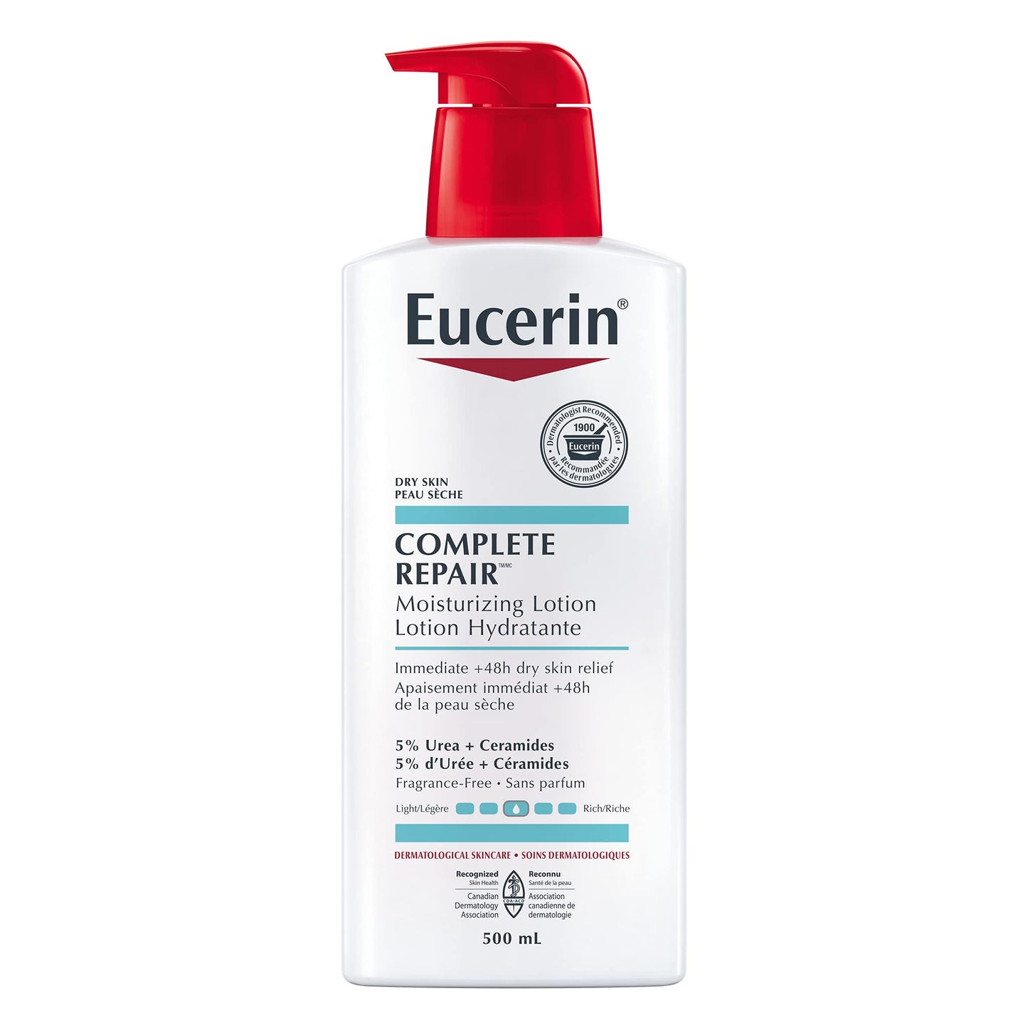 EUCERIN Complete Repair Moisturizing Lotion for Dry to Very Dry Skin, 5% Urea Lotion, Ceramide Lotion, Non Comedogenic and Non Greasy Body Lotion Fragrance Free, Dermatological Skin Care, 500mL