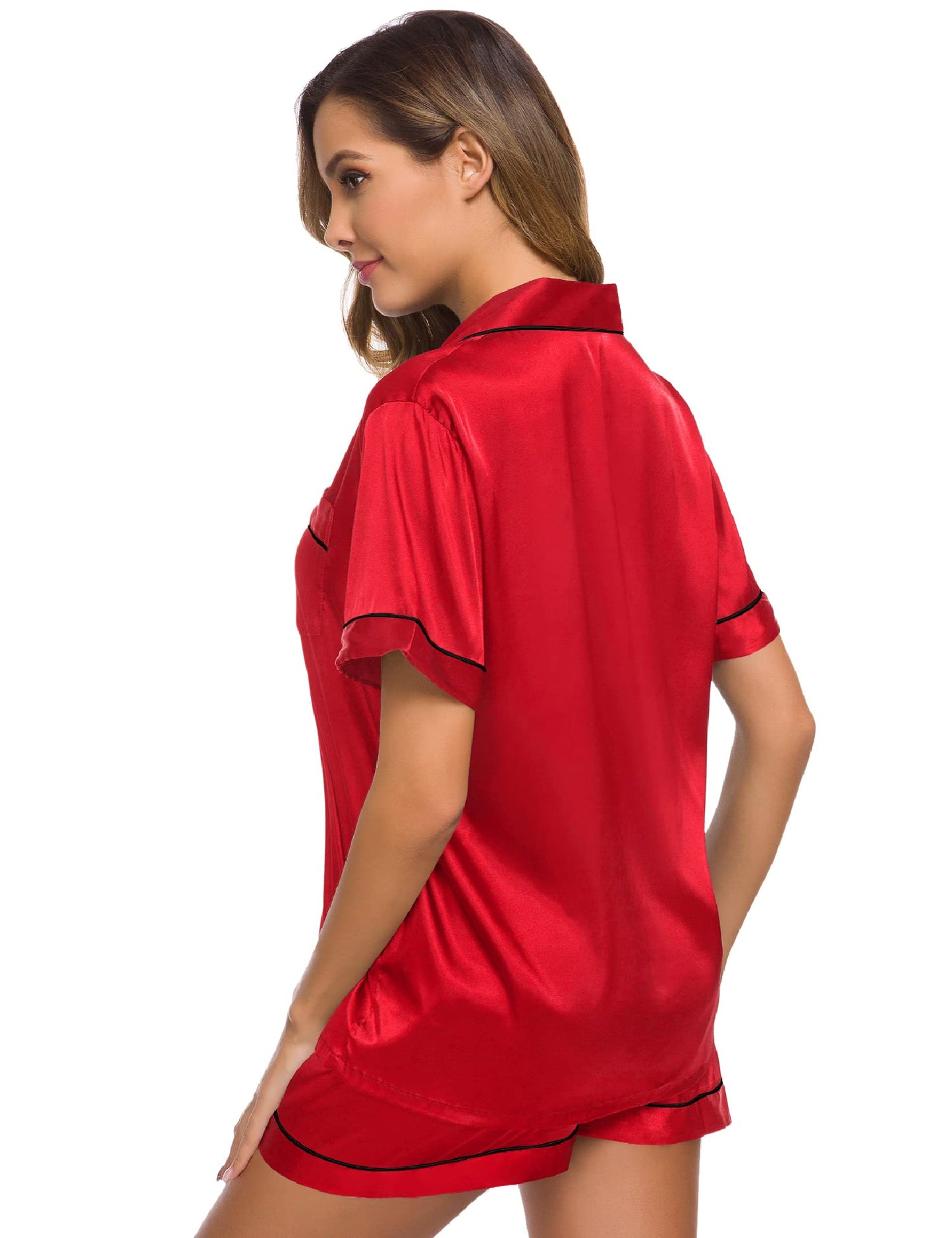 SWOMOG Womens Silk Satin Pajamas Set Short Sleeve Button Down Sleepwear Loungewear 2 Pcs Pj Sets