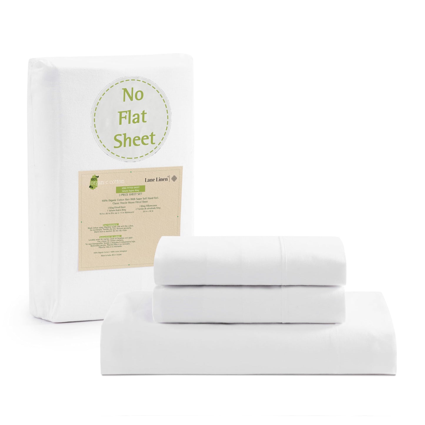 Lane Linen 100% Organic Cotton Fitted Sheet Queen Size only, 3-Piece Set (1 Fitted Sheet, 2 Pillowcases), Percale Weave, Cotton Sheet, Soft, Breathable, Fits Mattress Upto 15' Deep - White