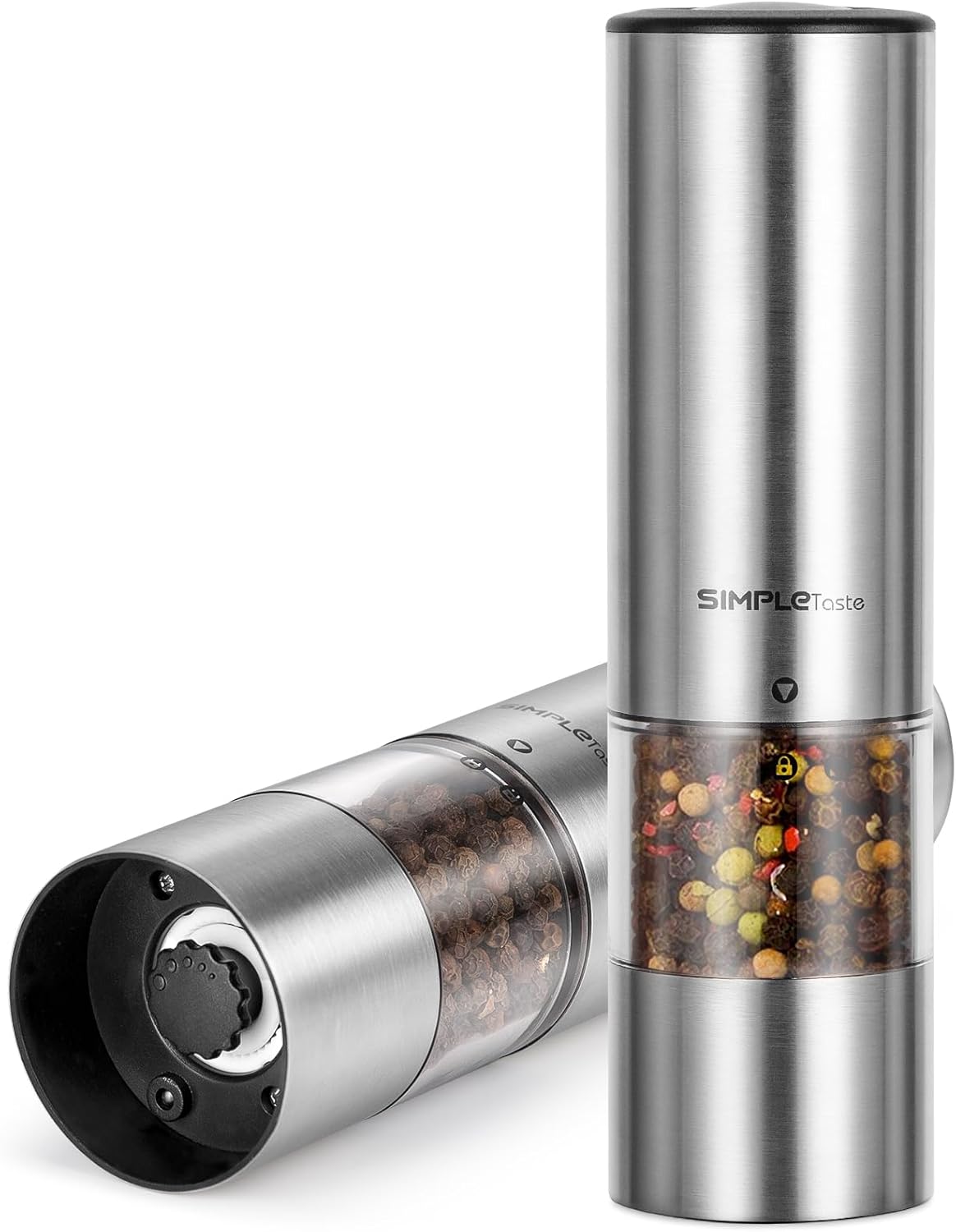 SIMPLETASTE Electric Salt and Pepper Grinder Set, Automatic One Handed,Stainless Grinders with Lights and Adjustable Coarseness,Battery Operated