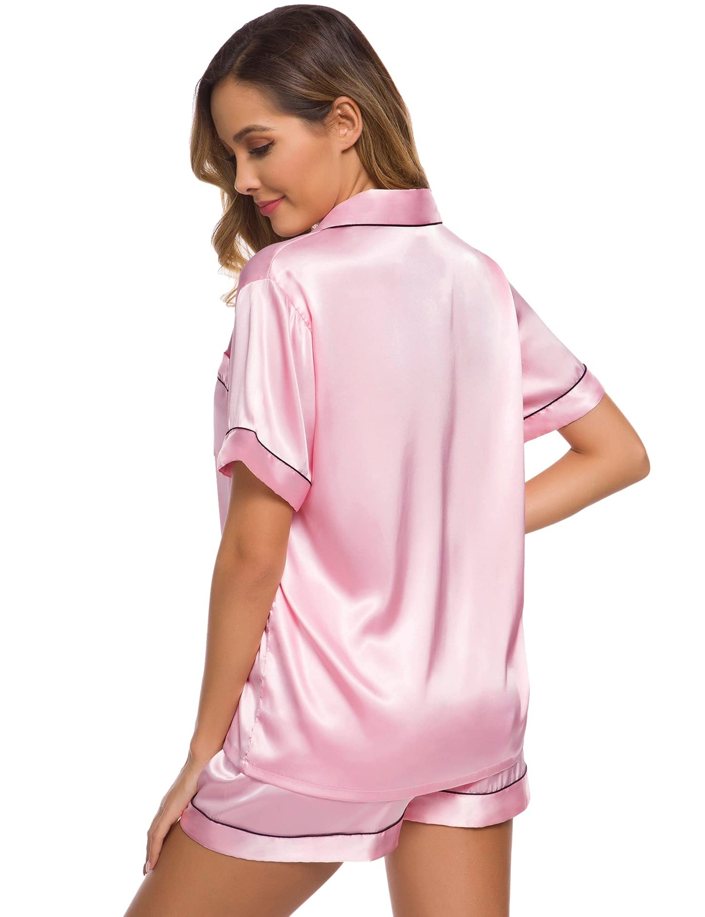 SWOMOG Womens Silk Satin Pajamas Set Short Sleeve Button Down Sleepwear Loungewear 2 Pcs Pj Sets