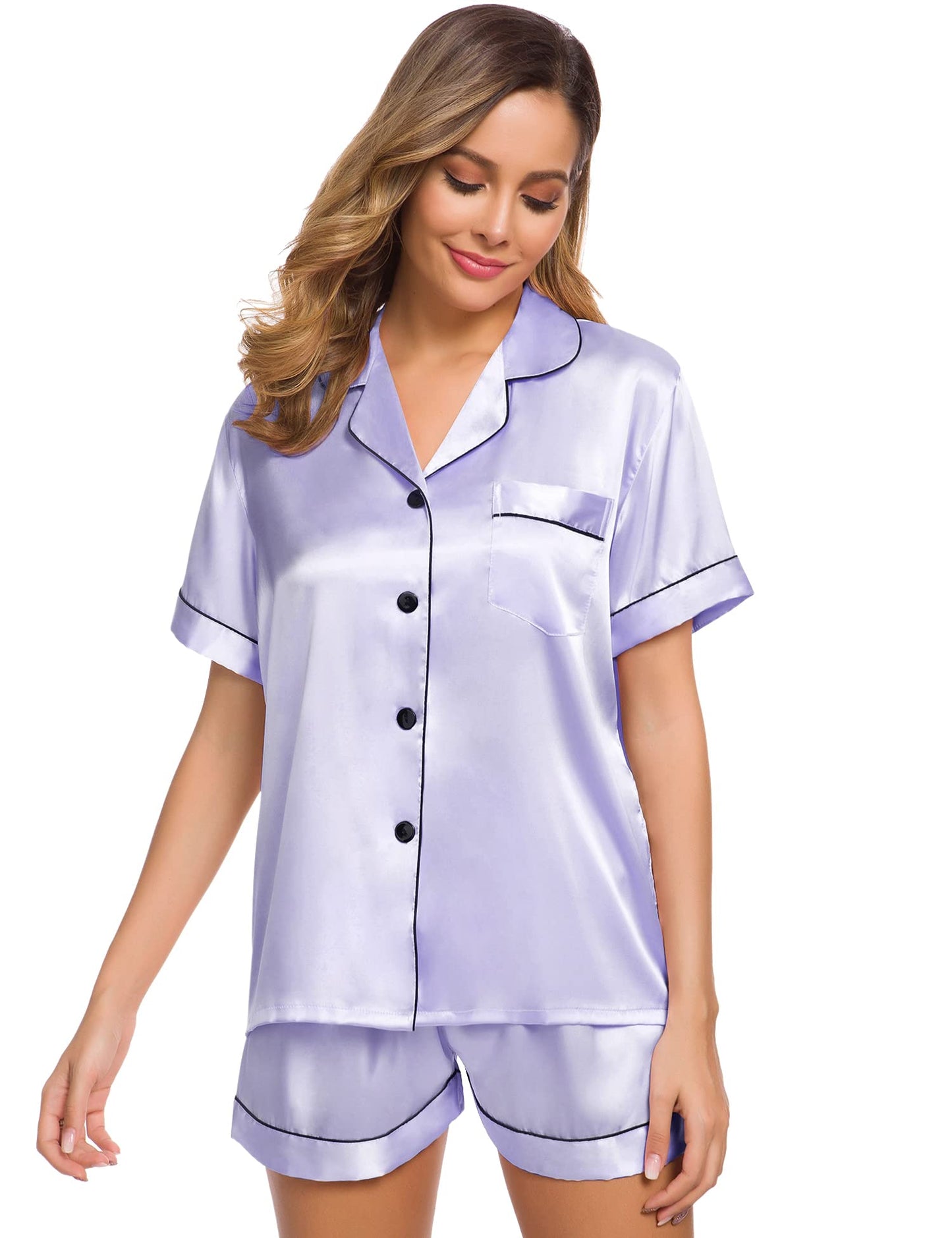 SWOMOG Womens Silk Satin Pajamas Set Short Sleeve Button Down Sleepwear Loungewear 2 Pcs Pj Sets