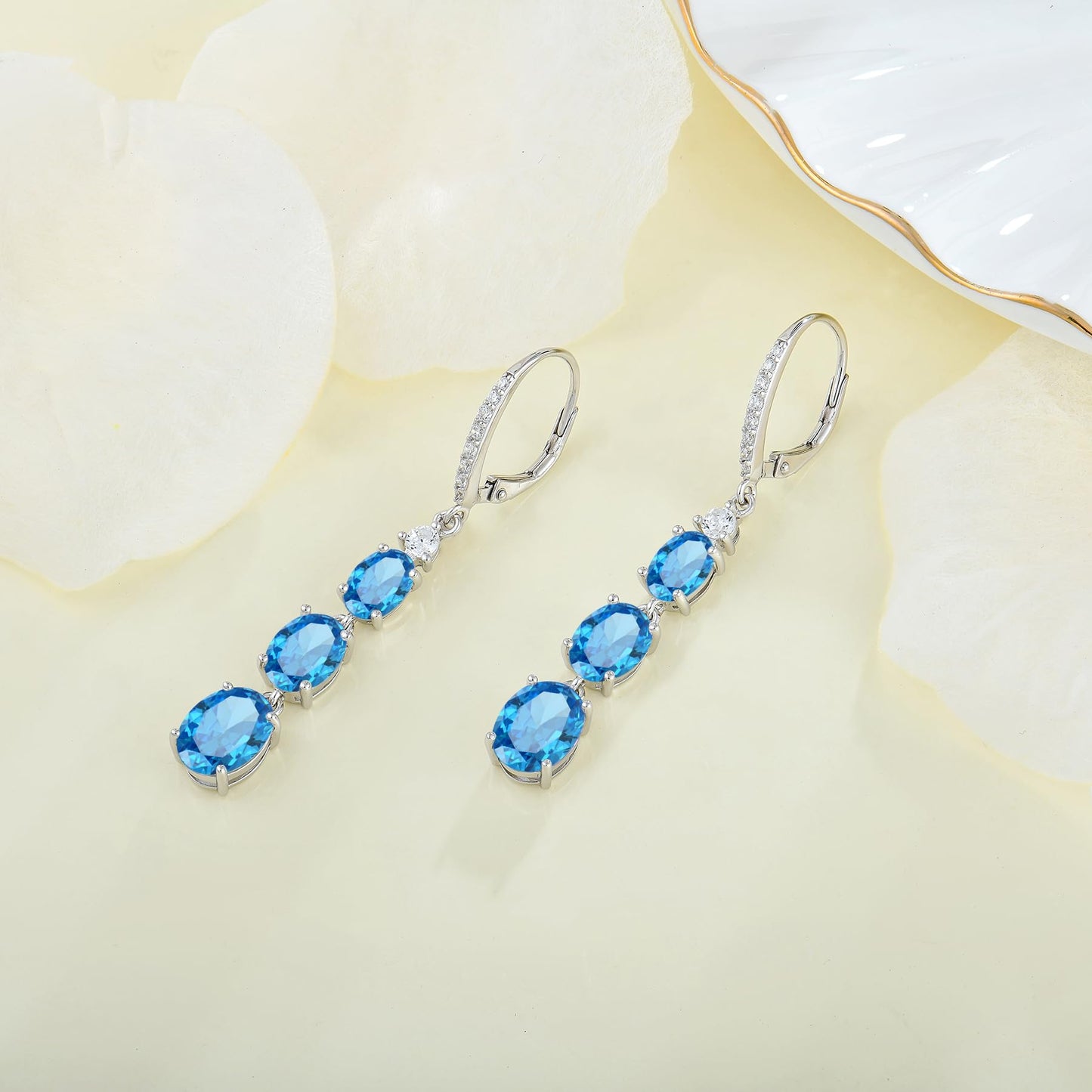 Aprila Women 925 Sterling Silver Birthstone 3-stone Leverback Drop Dangle Earrings with 5A Cubic Zirconia Jewelry for Her