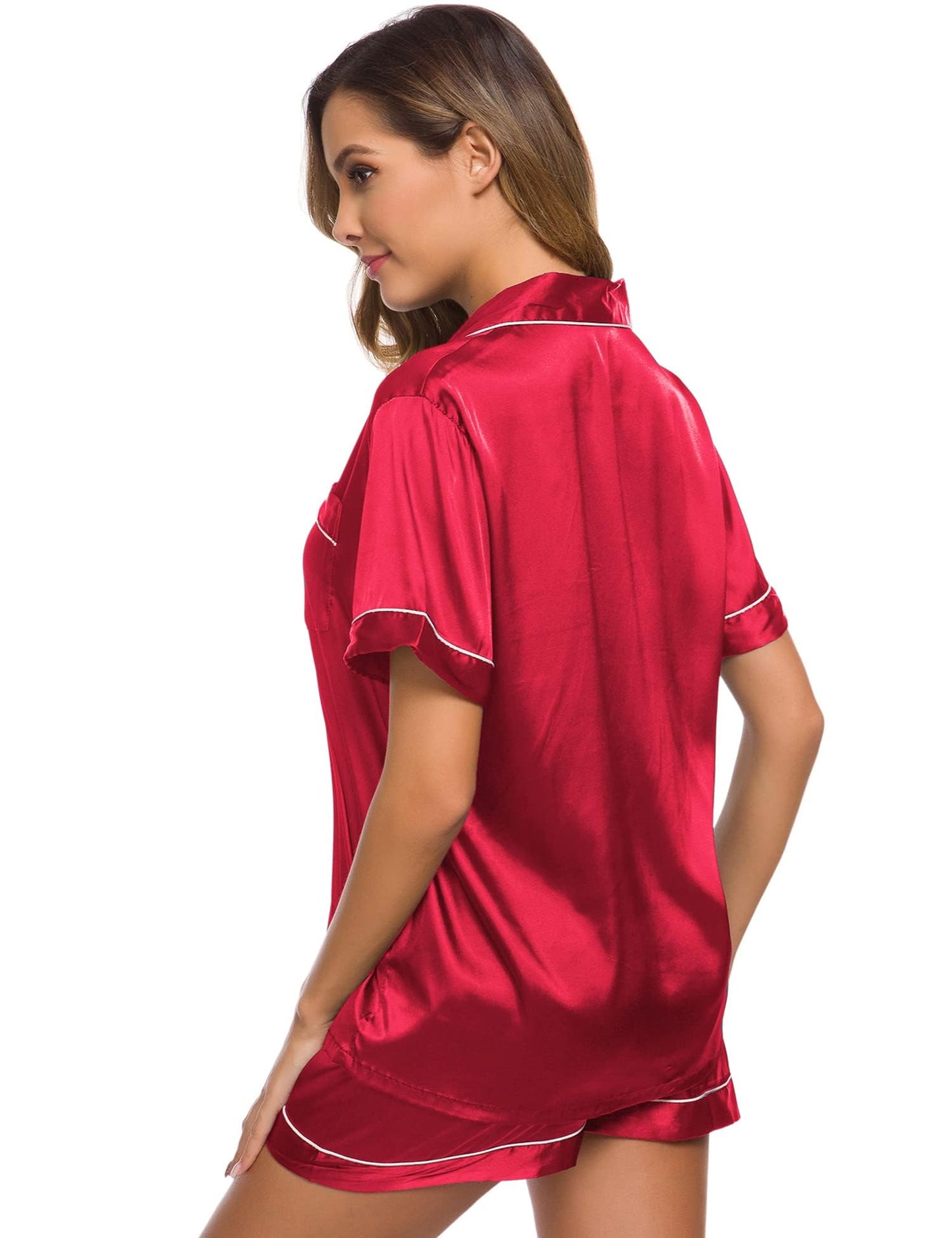SWOMOG Womens Silk Satin Pajamas Set Short Sleeve Button Down Sleepwear Loungewear 2 Pcs Pj Sets