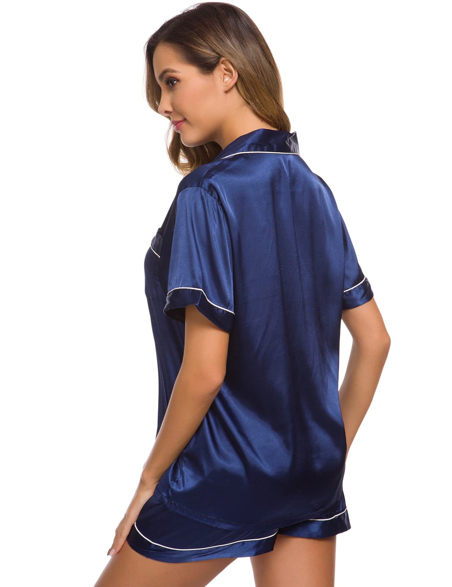 SWOMOG Womens Silk Satin Pajamas Set Short Sleeve Button Down Sleepwear Loungewear 2 Pcs Pj Sets
