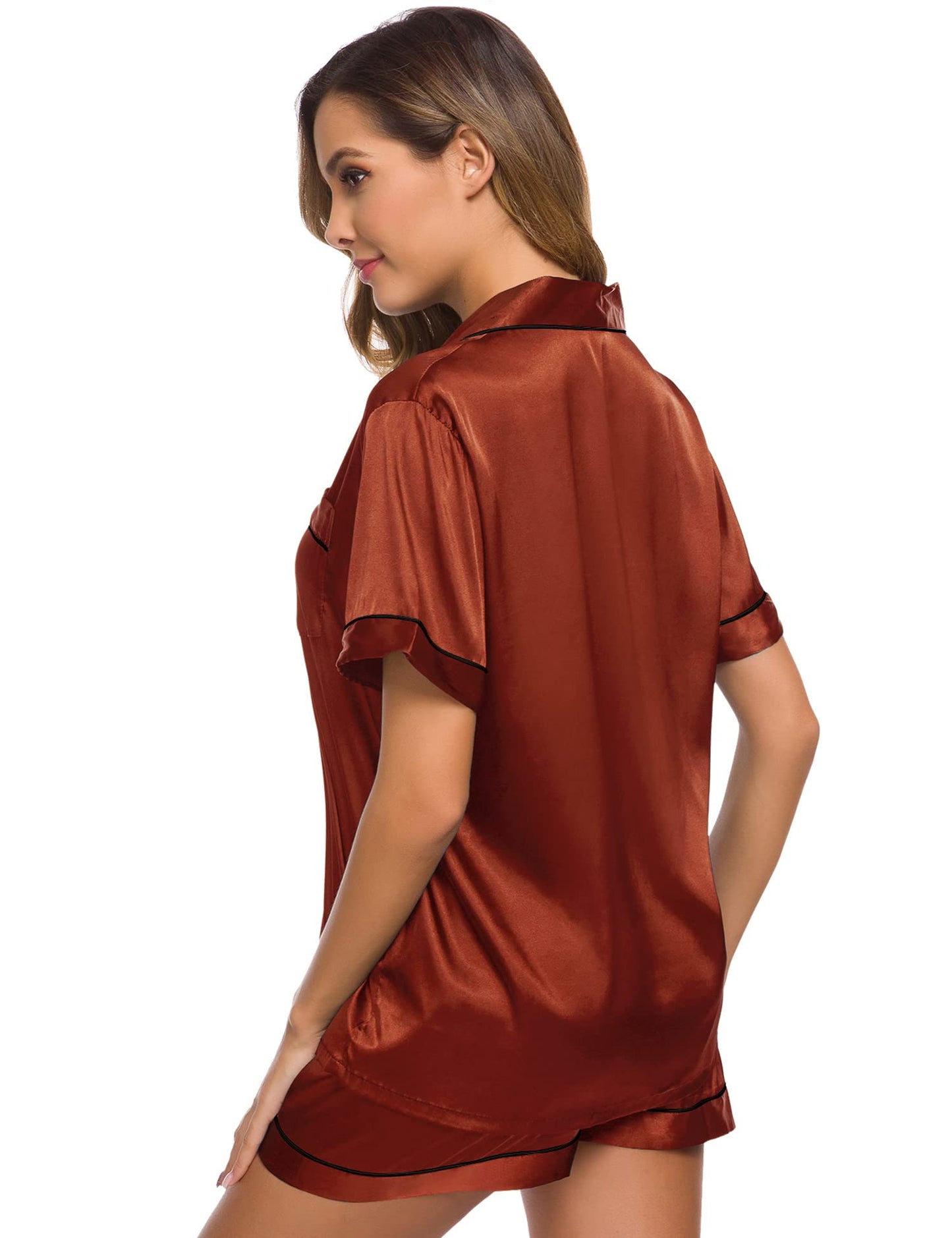 SWOMOG Womens Silk Satin Pajamas Set Short Sleeve Button Down Sleepwear Loungewear 2 Pcs Pj Sets