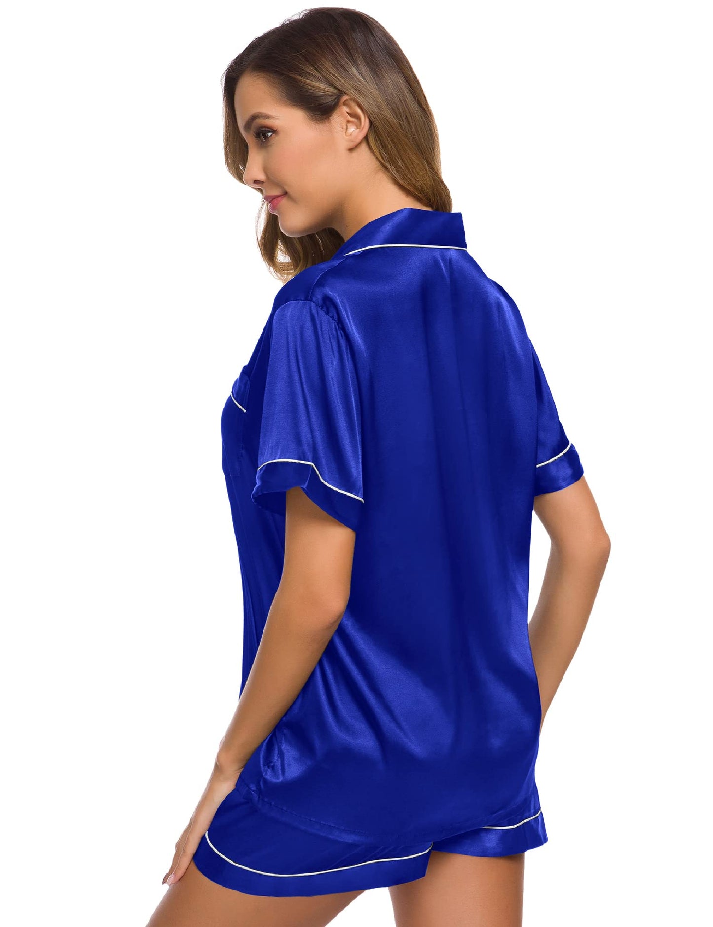 SWOMOG Womens Silk Satin Pajamas Set Short Sleeve Button Down Sleepwear Loungewear 2 Pcs Pj Sets