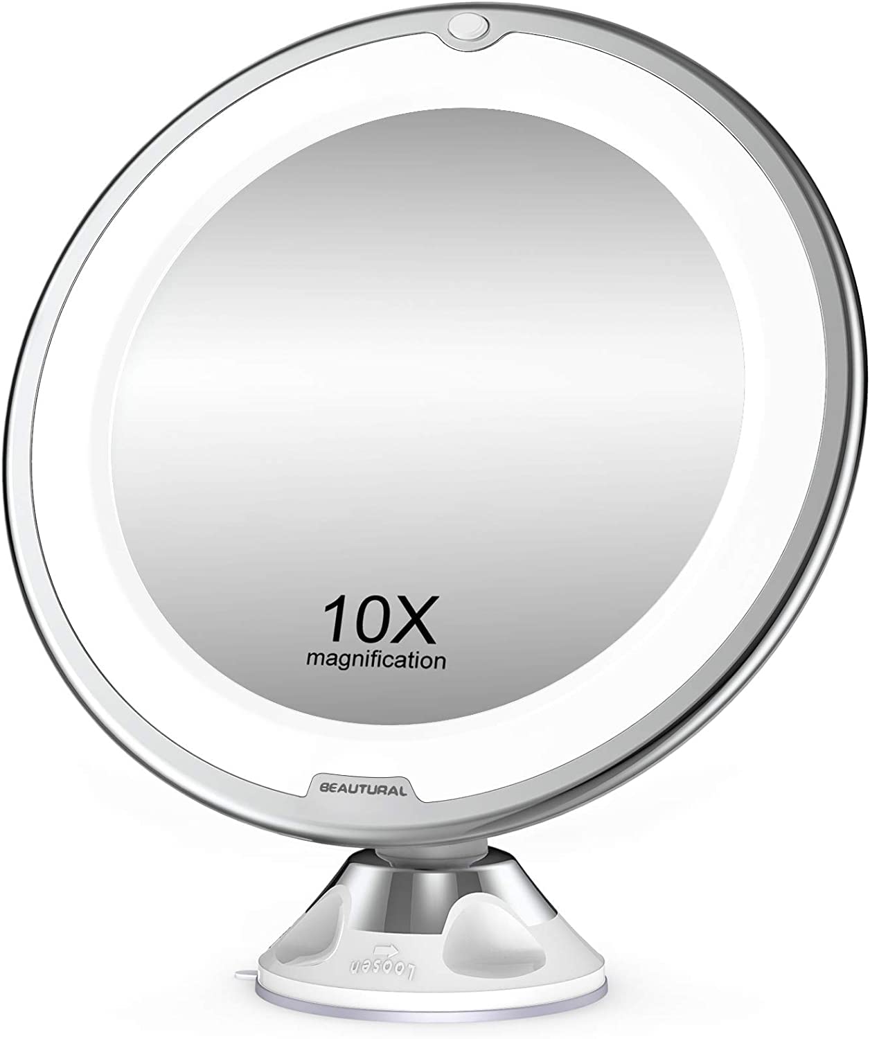 BEAUTURAL 10X Magnifying Makeup Mirror with LED, Lighted Magnifying Vanity Makeup Mirror for Home Tabletop Bathroom Shower Travel, 360 Degree Rotation, Powerful Suction Cup