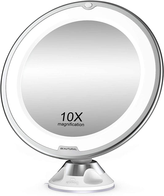 BEAUTURAL 10X Magnifying Makeup Mirror with LED, Lighted Magnifying Vanity Makeup Mirror for Home Tabletop Bathroom Shower Travel, 360 Degree Rotation, Powerful Suction Cup