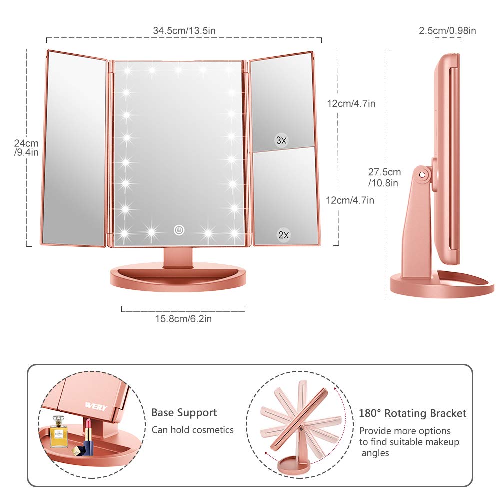 WEILY Makeup Mirror with 21 LED Lights,Two Power Supply Modes, Adjustable Touch Screen and 1x/2x/3x Magnification Tri-Fold Vanity Mirror, Gift for Women(Pink)