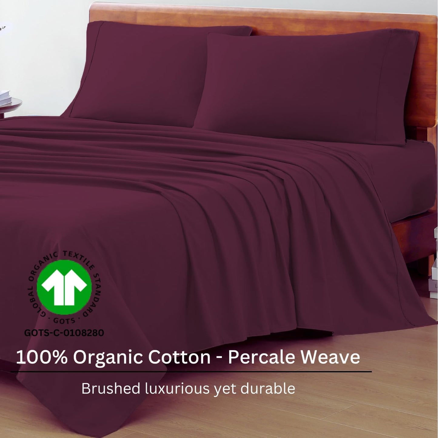 00% Organic Cotton Full Sheets Set 4-Piece Pure Percale Long Staple Soft Bedding Breathable Fits Mattress Upto 15" Deep - Windsor Wine