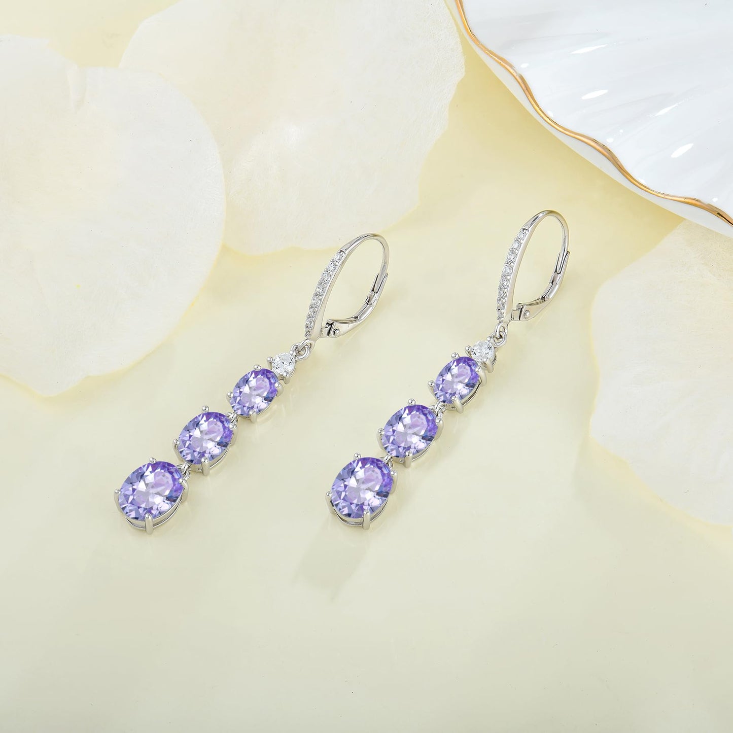 Aprila Women 925 Sterling Silver Birthstone 3-stone Leverback Drop Dangle Earrings with 5A Cubic Zirconia Jewelry for Her