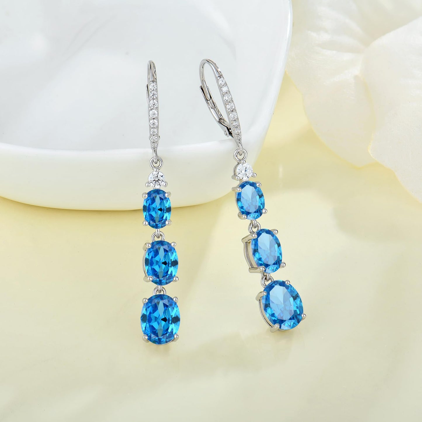Aprila Women 925 Sterling Silver Birthstone 3-stone Leverback Drop Dangle Earrings with 5A Cubic Zirconia Jewelry for Her
