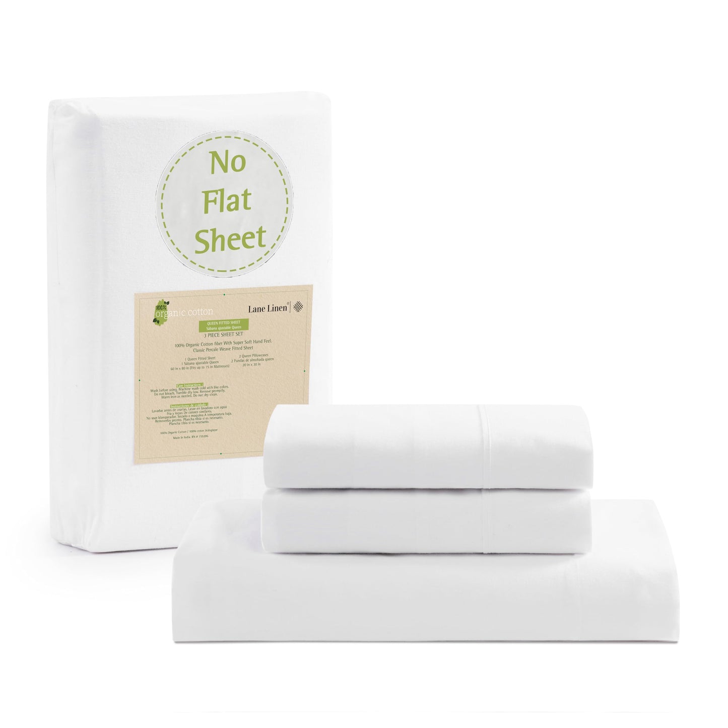 Lane Linen 100% Organic Cotton Fitted Sheet Queen Size only, 3-Piece Set (1 Fitted Sheet, 2 Pillowcases), Percale Weave, Cotton Sheet, Soft, Breathable, Fits Mattress Upto 15' Deep - White