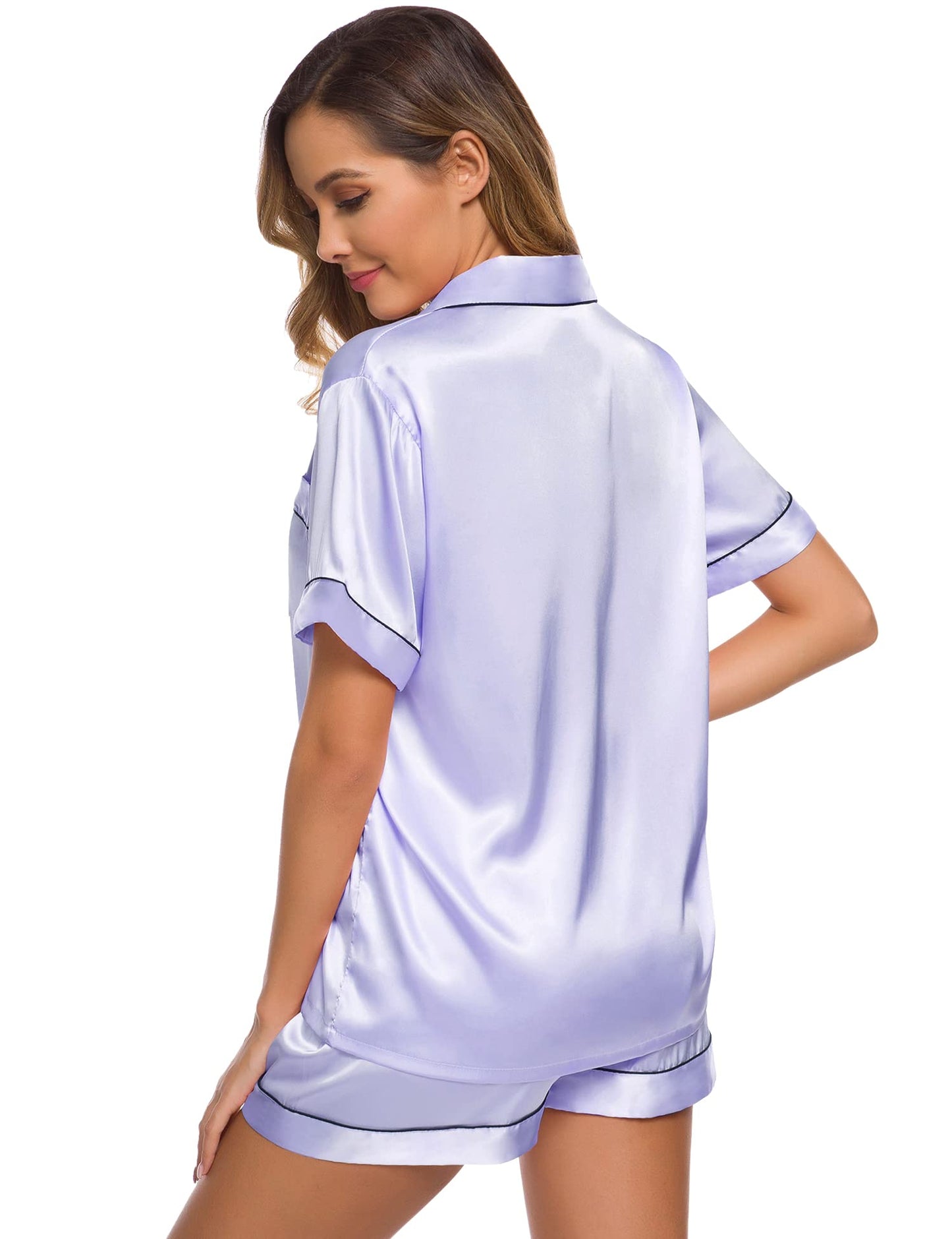 SWOMOG Womens Silk Satin Pajamas Set Short Sleeve Button Down Sleepwear Loungewear 2 Pcs Pj Sets