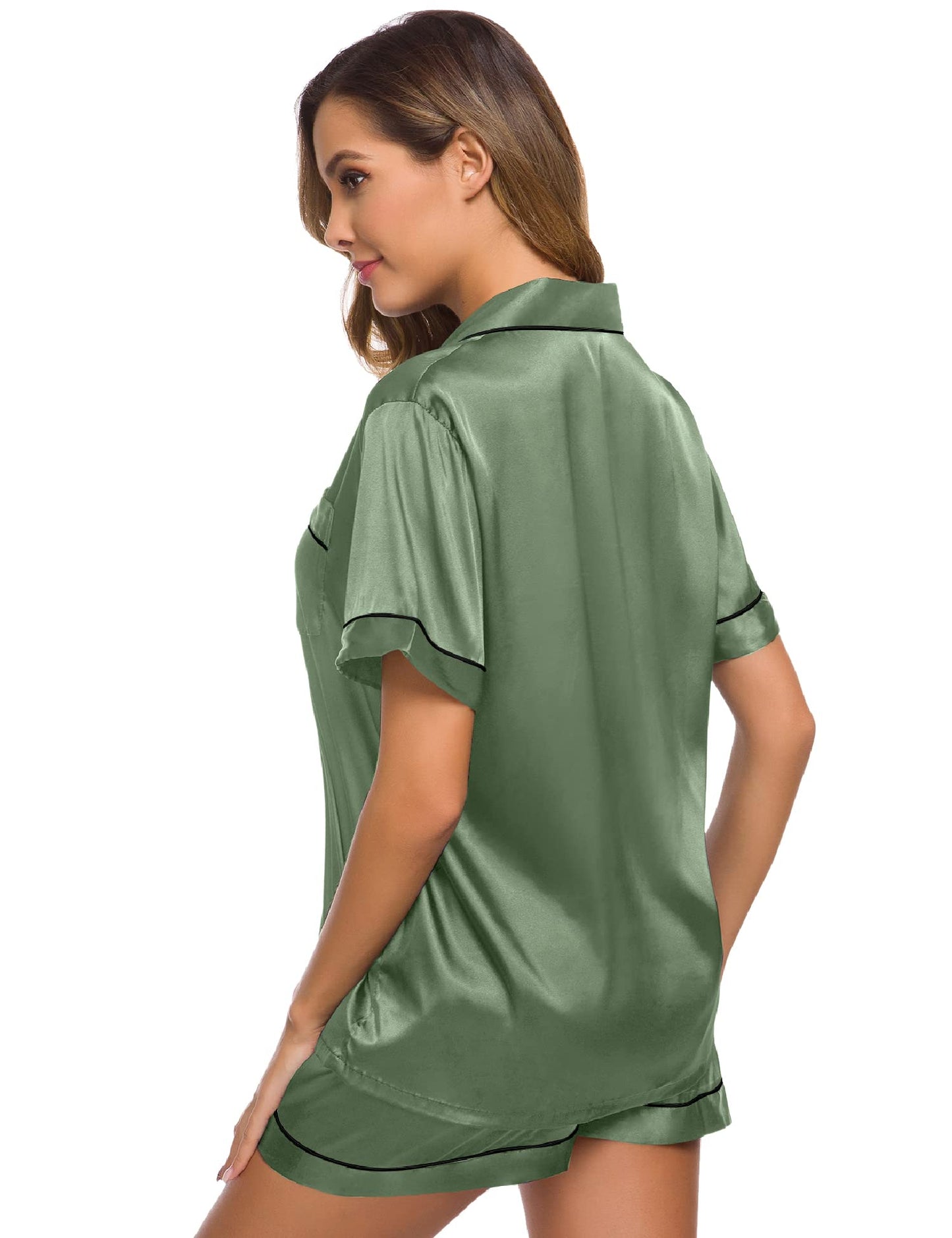 SWOMOG Womens Silk Satin Pajamas Set Short Sleeve Button Down Sleepwear Loungewear 2 Pcs Pj Sets