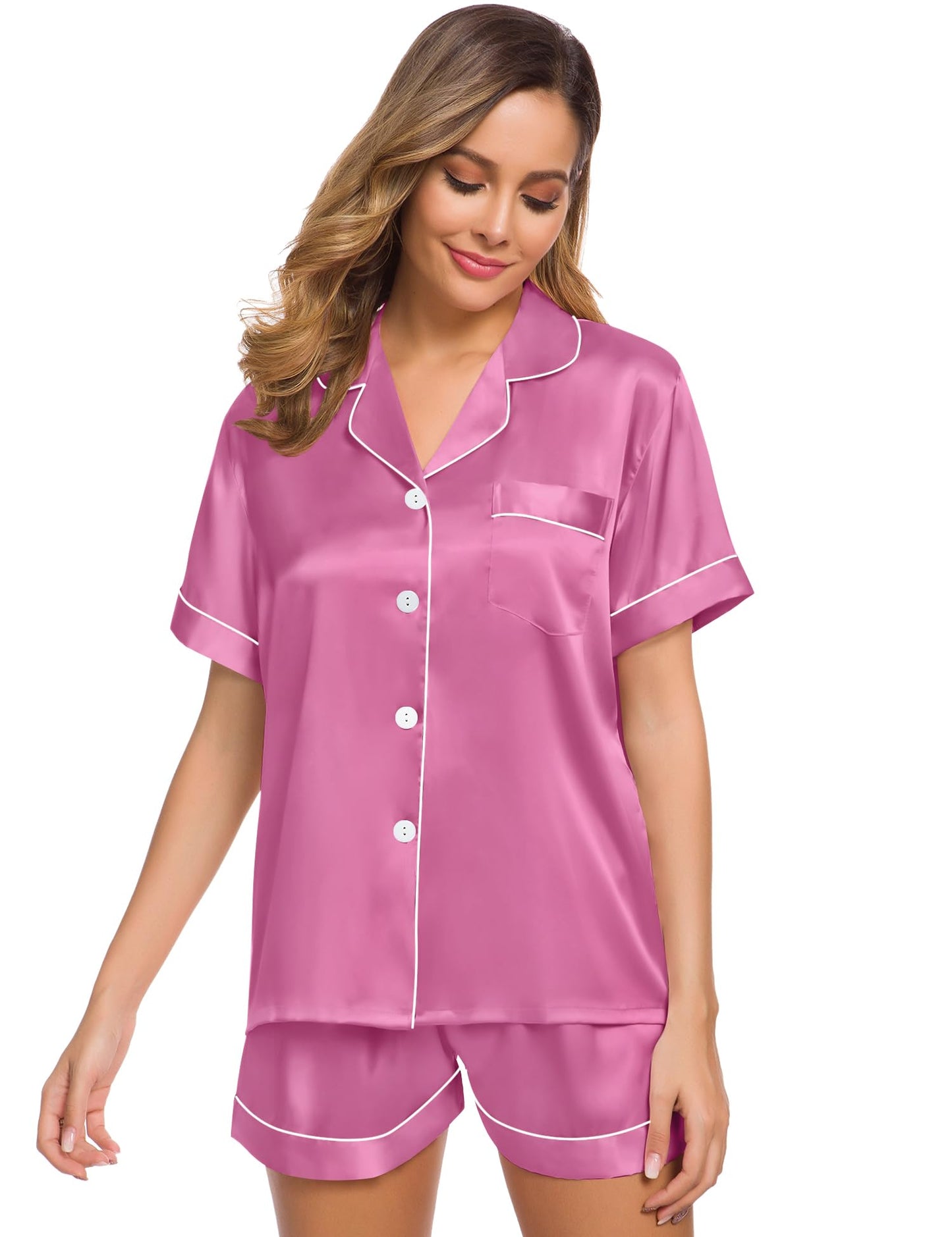 SWOMOG Womens Silk Satin Pajamas Set Short Sleeve Button Down Sleepwear Loungewear 2 Pcs Pj Sets