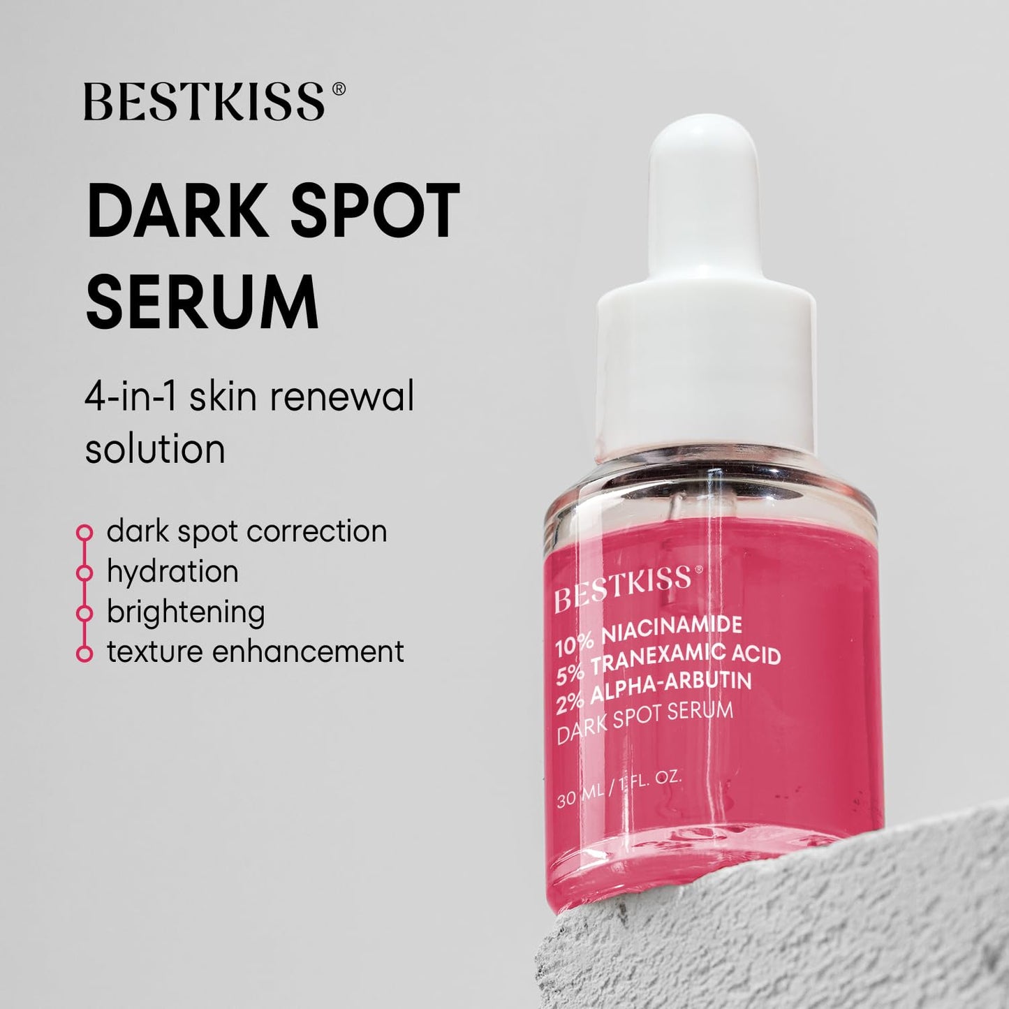 Bestkiss 10% Niacinamide + 5% Tranexamic Acid + 2% Alpha-Arbutin Dark Spot Serum with Ceramides Hyaluronic Acid Centella Asiatica - Vegan Fragrance Free Cruelty Free 30mL