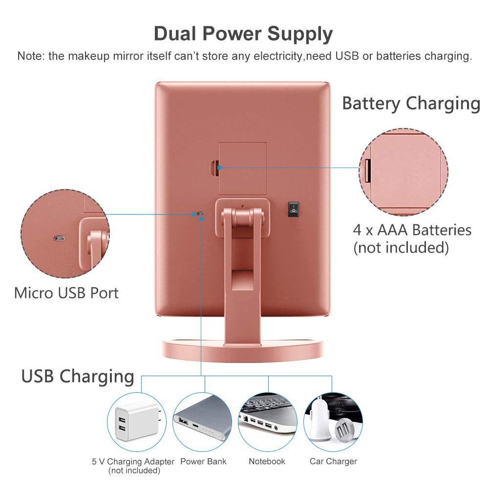 WEILY Makeup Mirror with 21 LED Lights,Two Power Supply Modes, Adjustable Touch Screen and 1x/2x/3x Magnification Tri-Fold Vanity Mirror, Gift for Women(Pink)