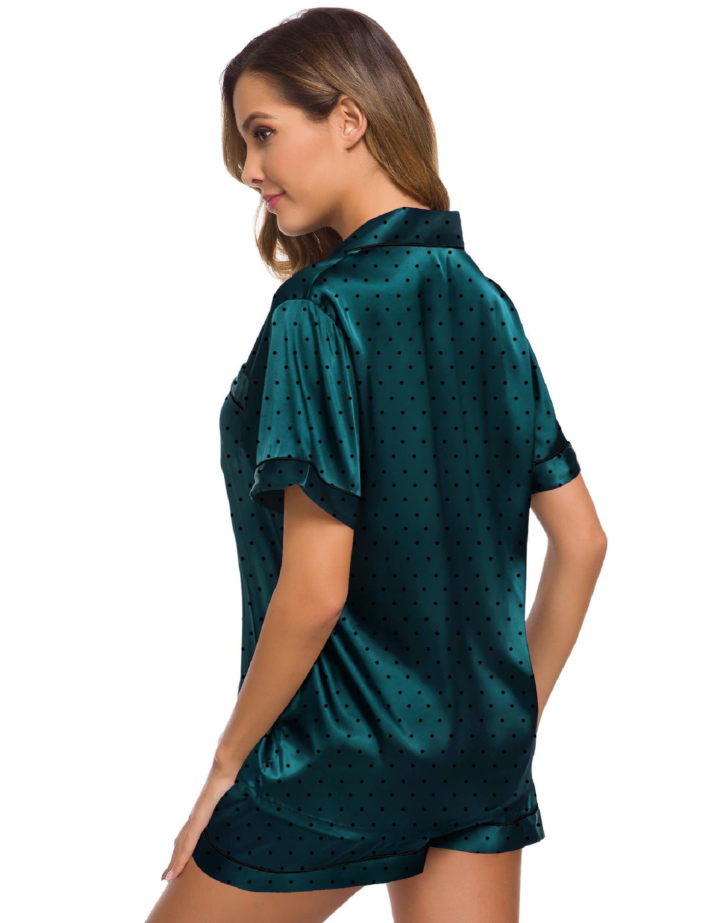SWOMOG Womens Silk Satin Pajamas Set Short Sleeve Button Down Sleepwear Loungewear 2 Pcs Pj Sets
