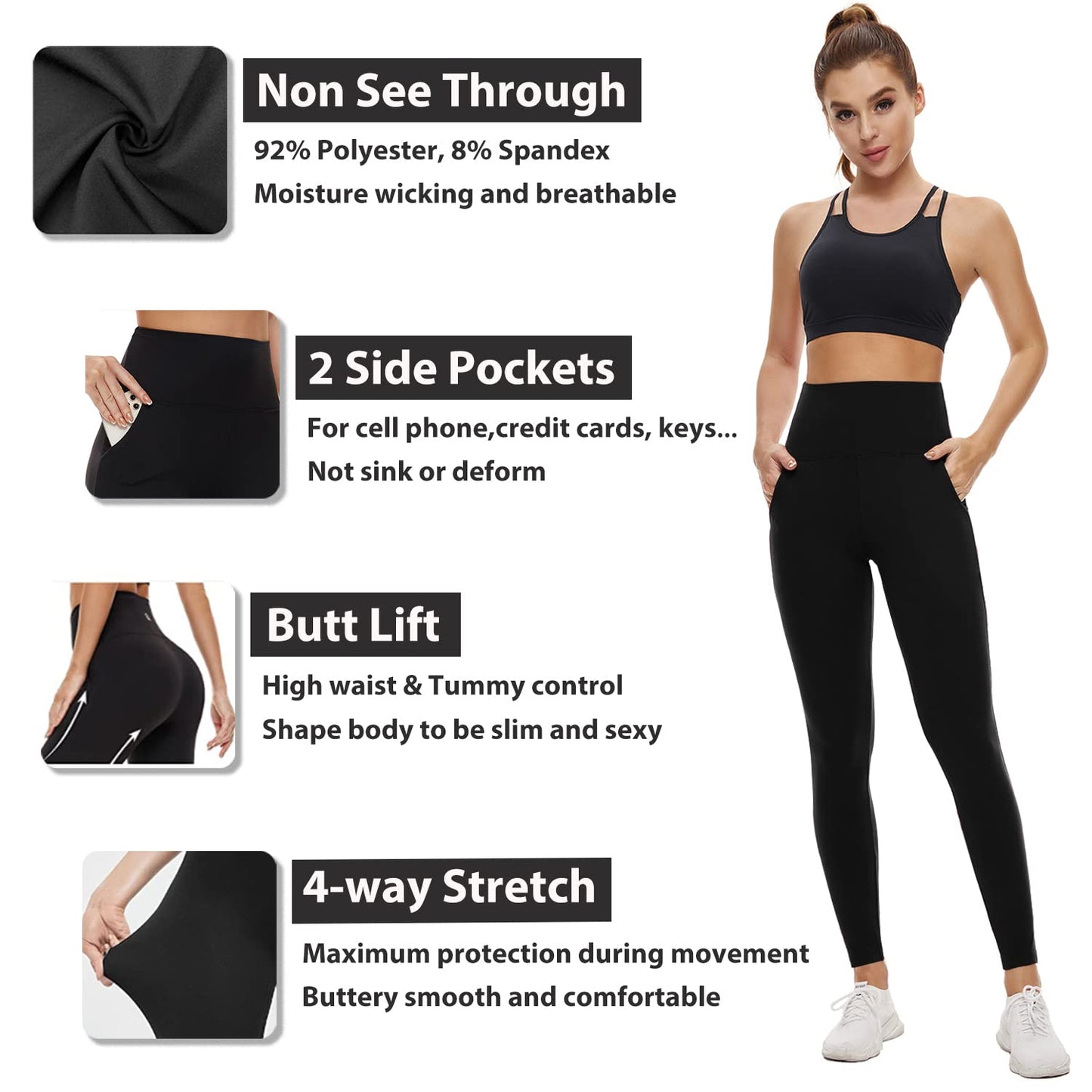 DHSO 3 Pack Leggings for Women, High Waist Tummy Control Yoga Pants Non See-Through Workout Running Tights