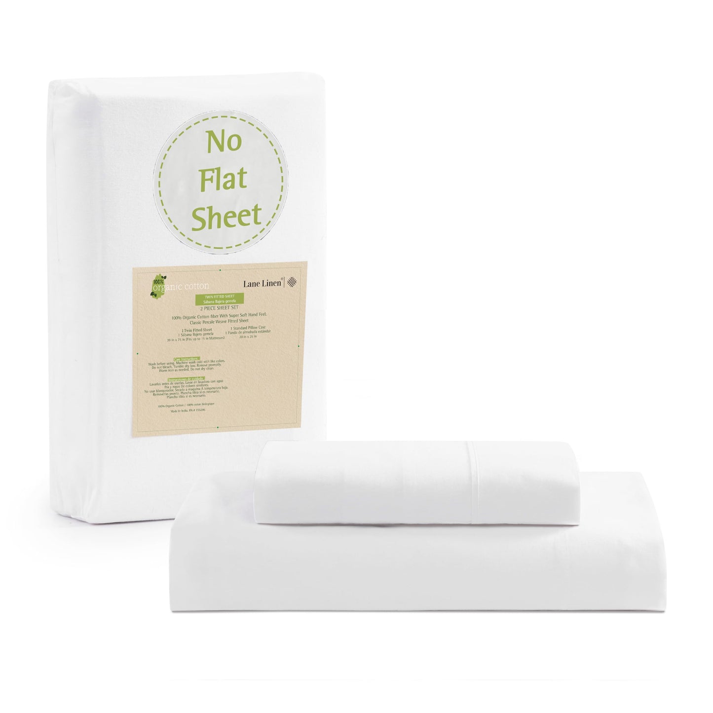 Lane Linen 100% Organic Cotton Fitted Sheet Queen Size only, 3-Piece Set (1 Fitted Sheet, 2 Pillowcases), Percale Weave, Cotton Sheet, Soft, Breathable, Fits Mattress Upto 15' Deep - White