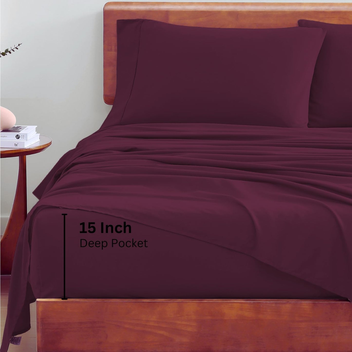 00% Organic Cotton Full Sheets Set 4-Piece Pure Percale Long Staple Soft Bedding Breathable Fits Mattress Upto 15" Deep - Windsor Wine