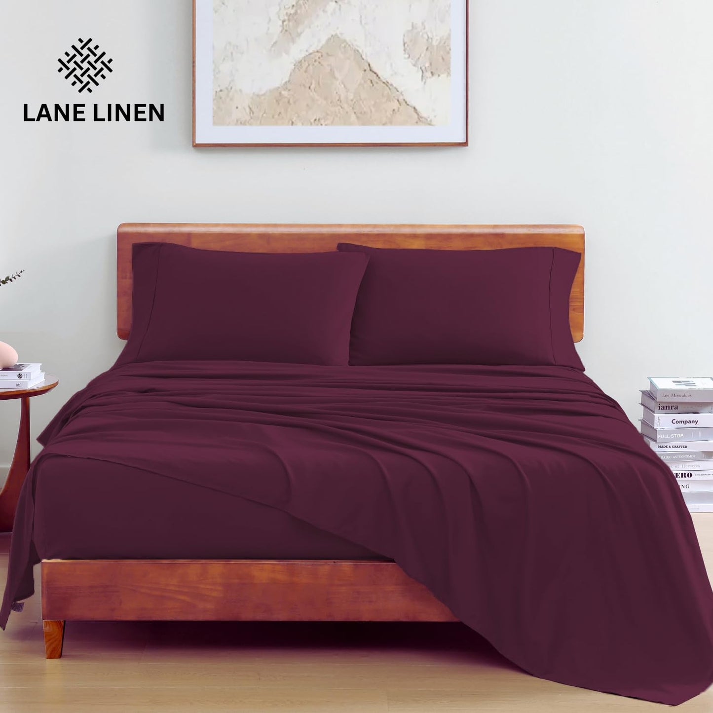 Lane Linen Sheets for King Size Bed - 4Pc 100% Organic Cotton King Size Sheets Set, Soft Percale Sheets, Breathable King Bed Sheets, Luxury Hotel Sheets, 15" Deep Pocket King Sheet Set - Windsor Wine