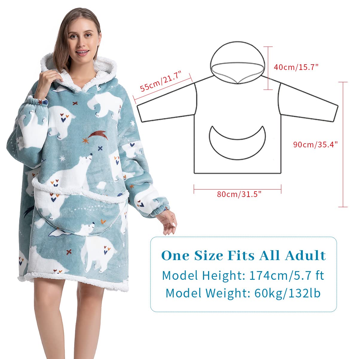 Wenlia Oversized Blanket Hoodie for Adult and Kids, Stylish Sherpa Hoodie Blanket Super Warm Sweatshirt One Size Fits All