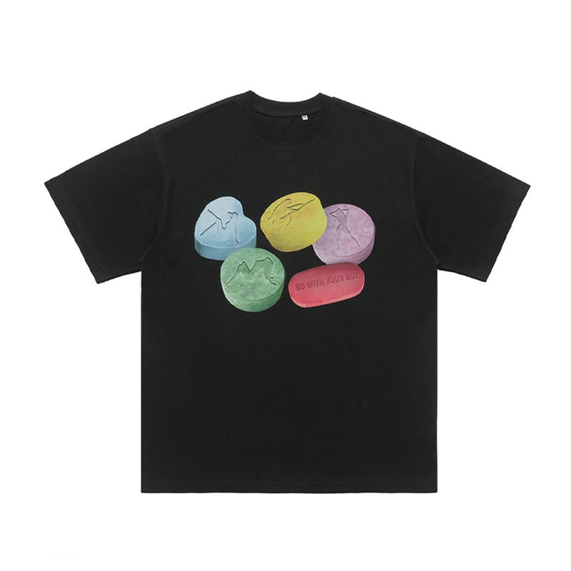 Cotton Printed Round Neck Couple Top T-shirt With Short Sleeves