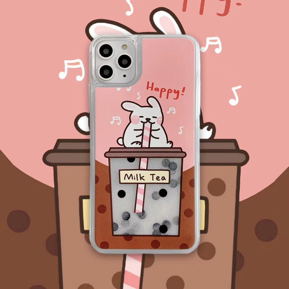 Cartoon Cute Rabbit Pearl Milk Tea Quicksand Mobile Phone Case Transparent Soft Shell Female