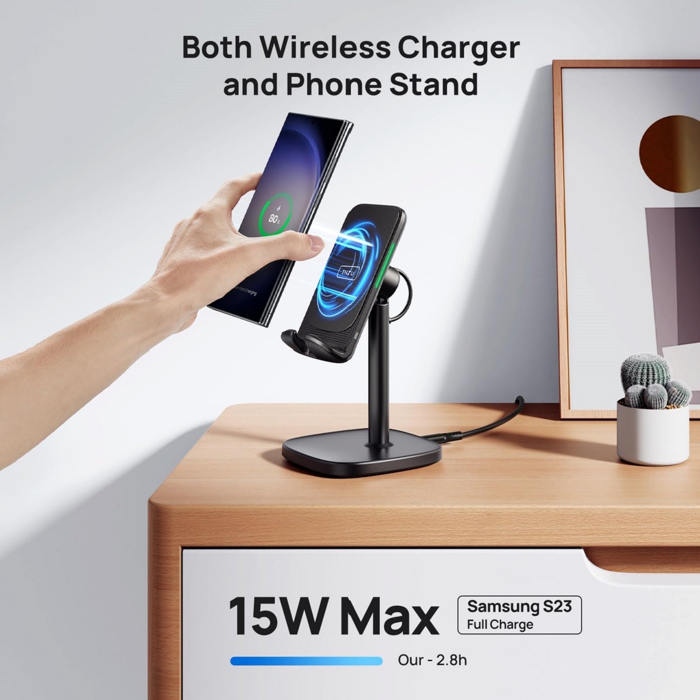 Wireless Charger, INIU 15W Qi Adjustable Fast Wireless Charging Station, Desktop Charging Dock Stand with Sleep-Friendly Adaptive Light for iPhone 15 14 13 12 Pro Samsung Galaxy S22 S21 Note 20 Google