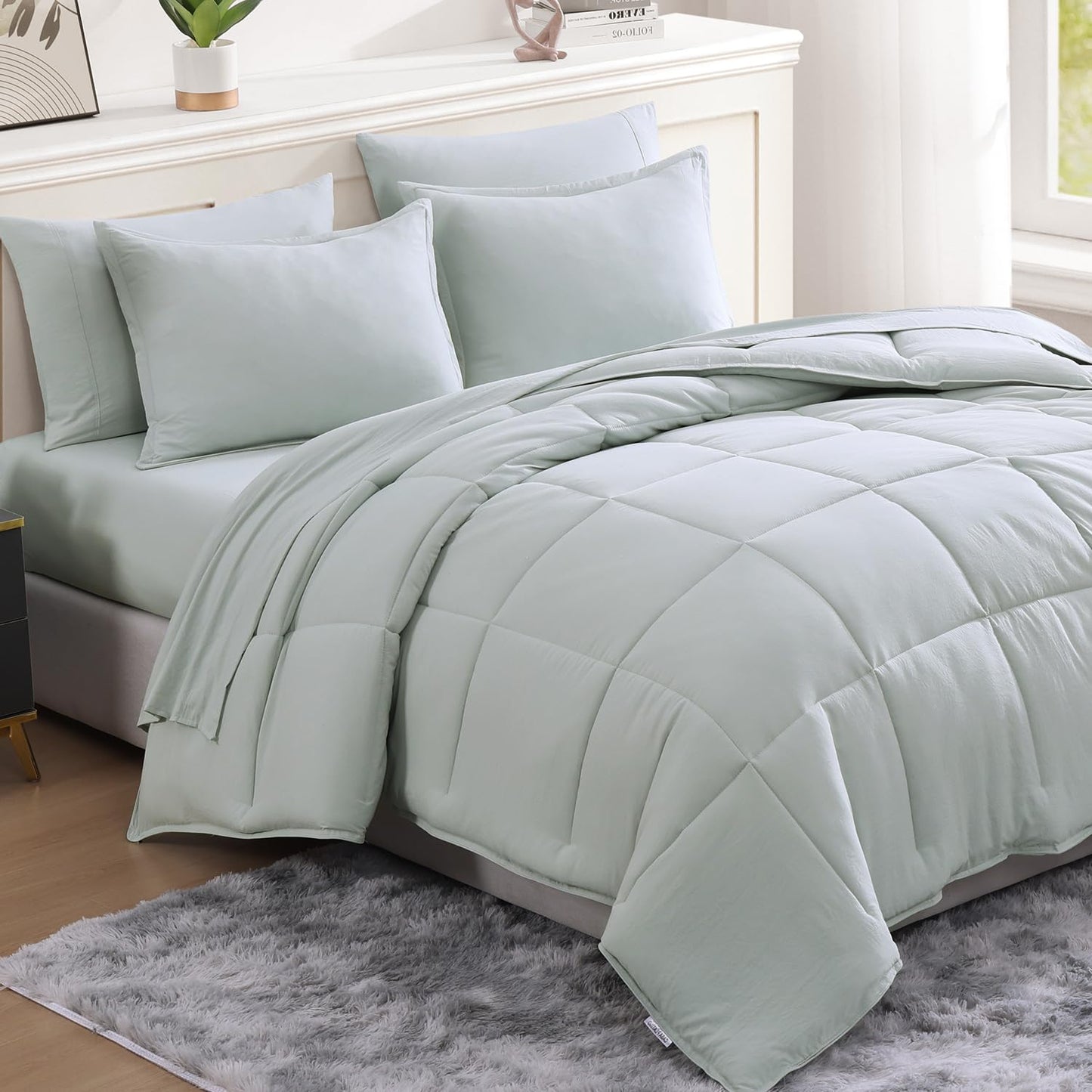 King Size Comforter Set Washed - 7 Pieces King Size Bed in A Bag, Bedding Sets with Comforters, Sheets, Pillowcases & Shams - Mineral